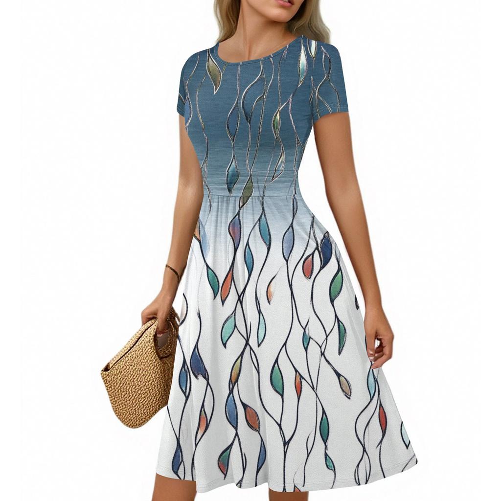 Women's Casual Fashion Round Neck Pleated Short Sleeve Retro Floral A-Line Midi Dress