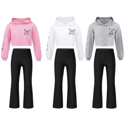 Stylisches Kleidungsset für Kinder und Mädchen, langärmeliges, kurzes Oberteil im Hoodie-Stil mit elastischem Bund und langen Hosen