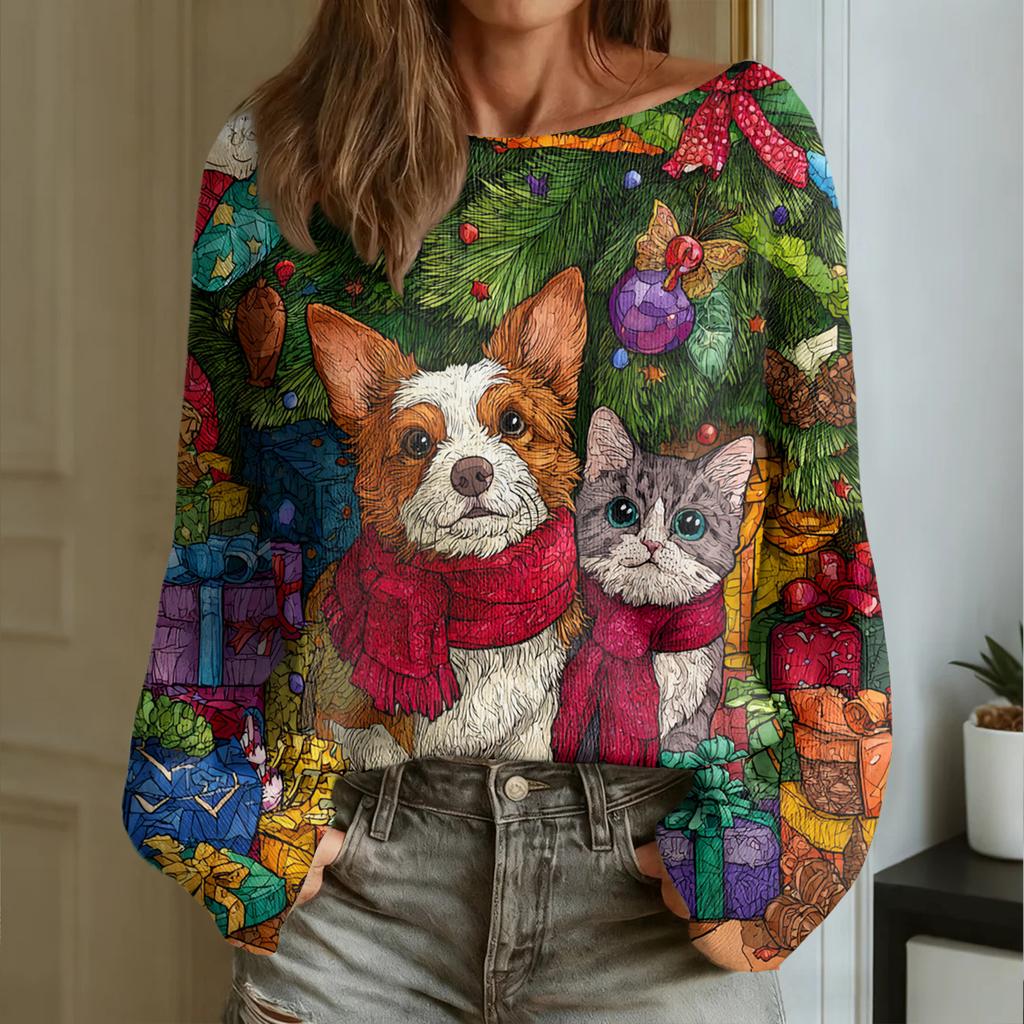 Maglia da donna alla moda a girocollo a maniche lunghe con stampa natalizia casual