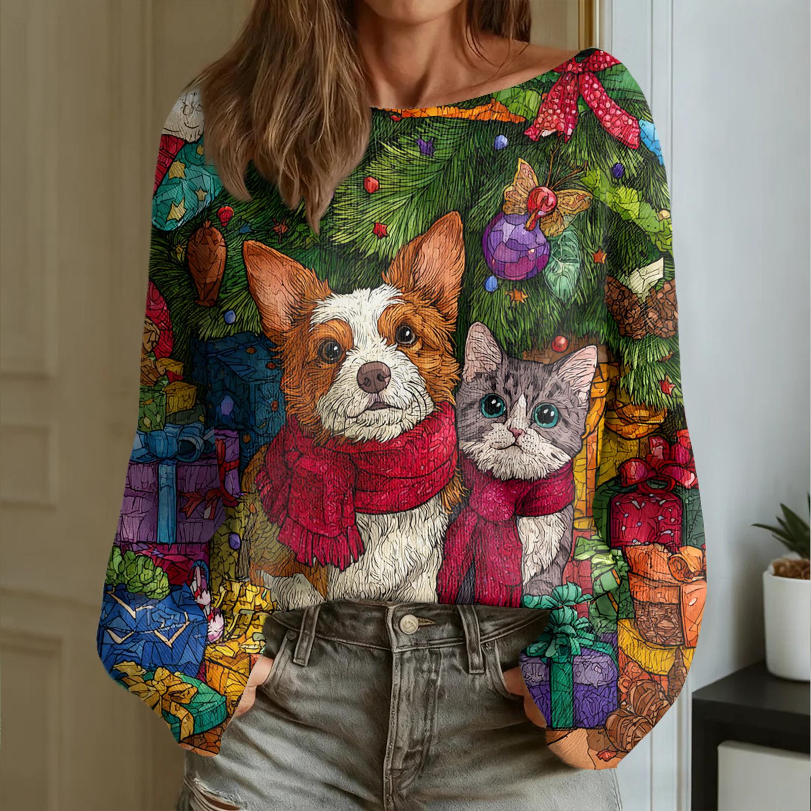 

Women s Fashion Round Neck Long Sleeve Christmas Print Casual Pullover Sweater Top L армія зелений колір