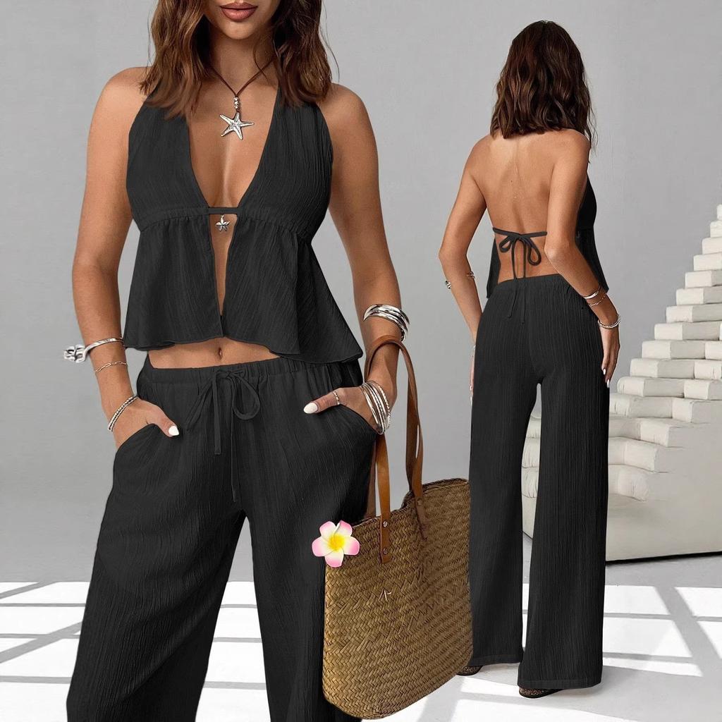 1116 European and American summer new suit casual sexy striped V-neck vest straight trousers suit