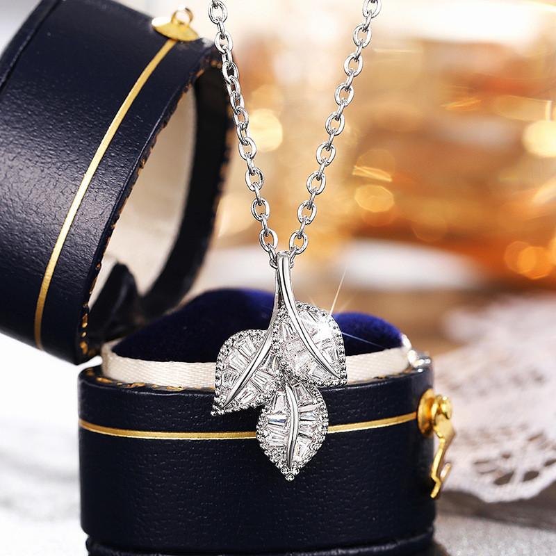 925 Sterling Silver Leaves Pendant Necklace for Women Sparkling Bridal Wedding Necklace Crystal Cubic Zirconia Trendy JewelryGood Product
