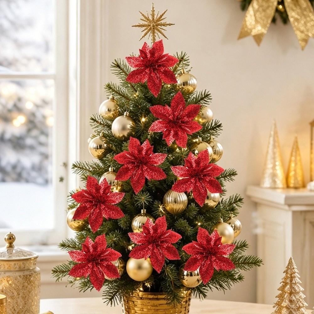 10Pcs Multi-Color Artificial Poinsettia Flowers Sequin Plastic Christmas Flowers Ornaments Holiday