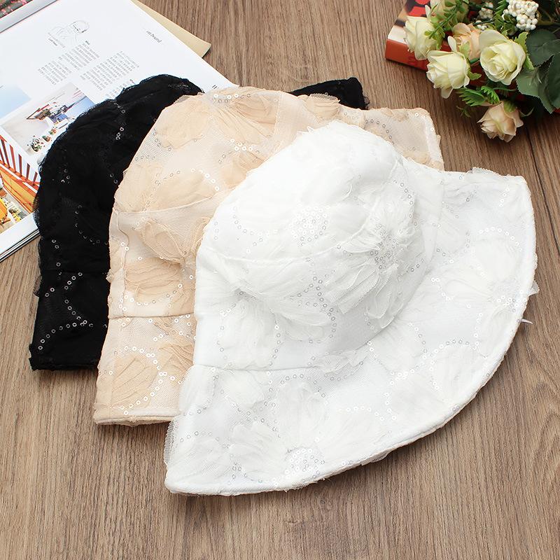 Lace Flower Fisherman Hat for Women, Summer Sun Protection, Glitter Wide Brim Hat