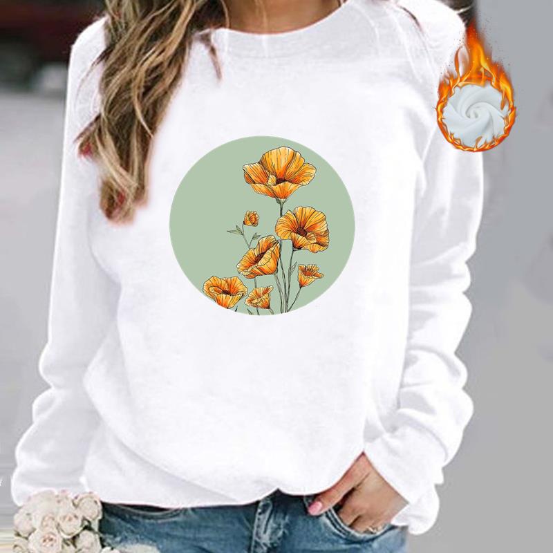 

(Asian Size) Women Flower Sweet 90s Trend Cute Fleece Clothes Print Fall Autumn Winter Lady Spring Fashion Casual Pullovers Graphic Sweatshirts