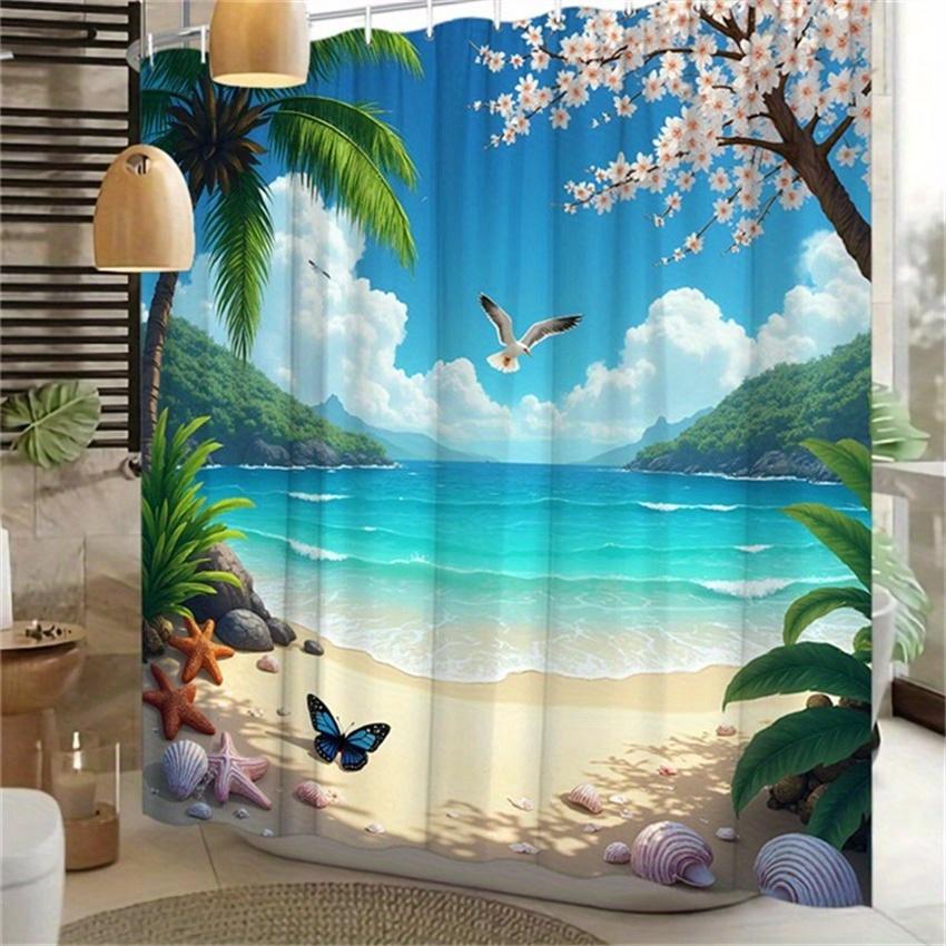 1pc Tropical Beach Shower Curtain - Palm Trees, Starfish, Cherry Blossoms & Butterflies, Polyester, 70x70", 12 Hooks
