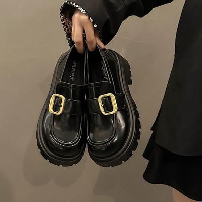 Damen Frühling Retro Dicksohlige Loafer Einriemen Metall Schnalle Dekor Atmungsaktiv Kleine Lederschuhe für Büro