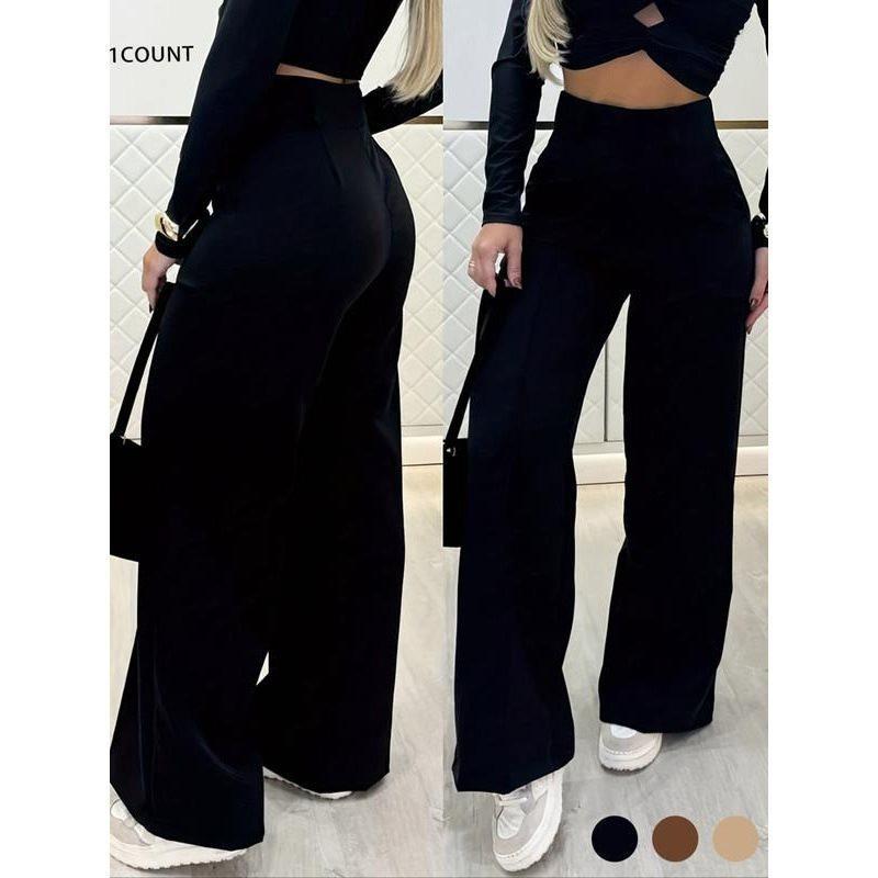 Women's High Waist Wide Leg Pants with Button Detail