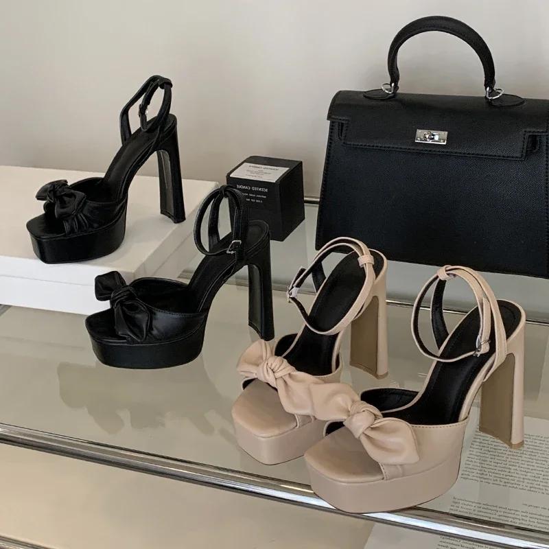 Fashion Eilyken Summer Butterfly-knot Square Toe Platform Woman Sandals Street Style High Heels Buckle Strap Banquet Shoes