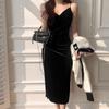 Women's Mid-Length Black Gold Velvet Slit Camisole Dress - New Spring Style