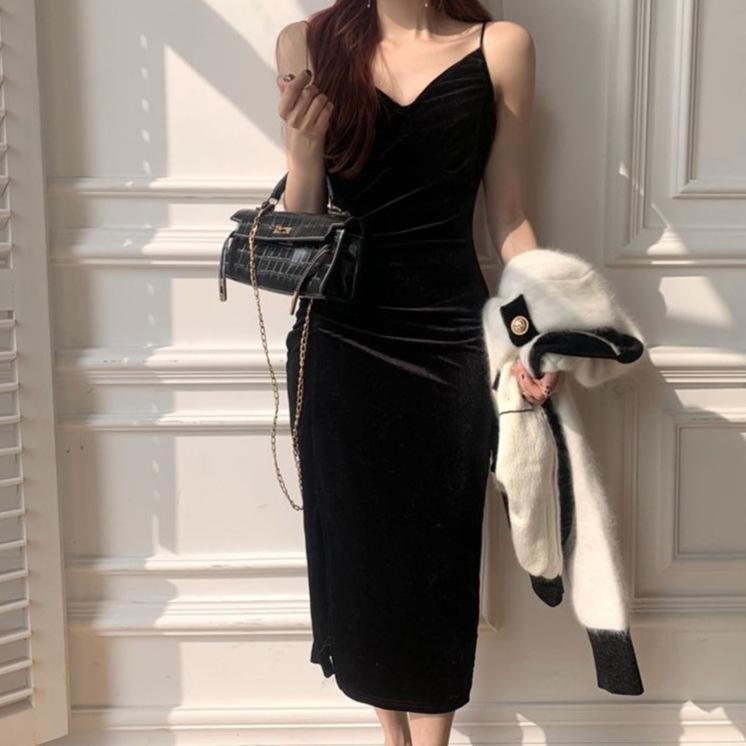 Women's Mid-Length Black Gold Velvet Slit Camisole Dress - New Spring Style