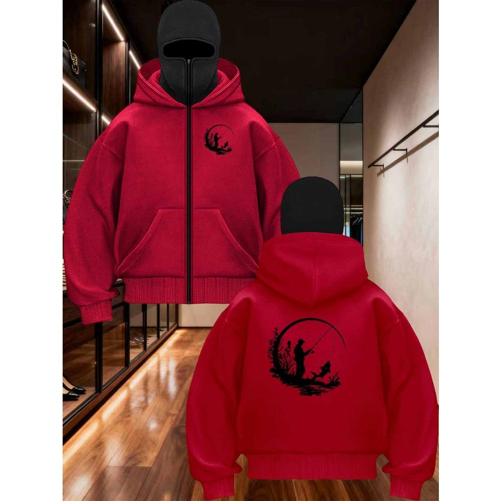 Men's Winter Hooded Zipper Jacket with Outdoor Fishing Print, Color Blocked Casual Sports Jacket, Loose Long Sleeved Sweatshirt