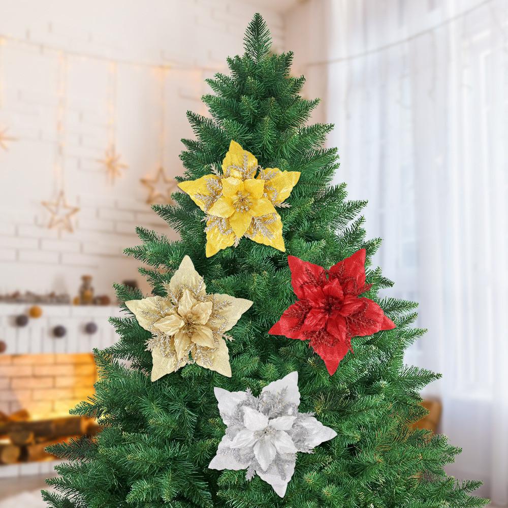 Beautiful 16cm Christmas Faux Flower Head With Glittery Gold Silver And Red Accents