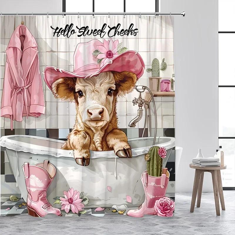 ZYJ01Bathing Highland Cattle Shower Curtains Funny Farm Animal Cactus Plant Pink Bath Curtain Set Polyester Bathroom Decor w7Dc
