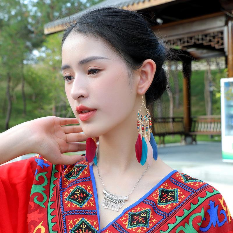 Bohemian Feather Earrings for Women, Face-Slimming Ethnic Style, Long Travel & Holiday Accessory