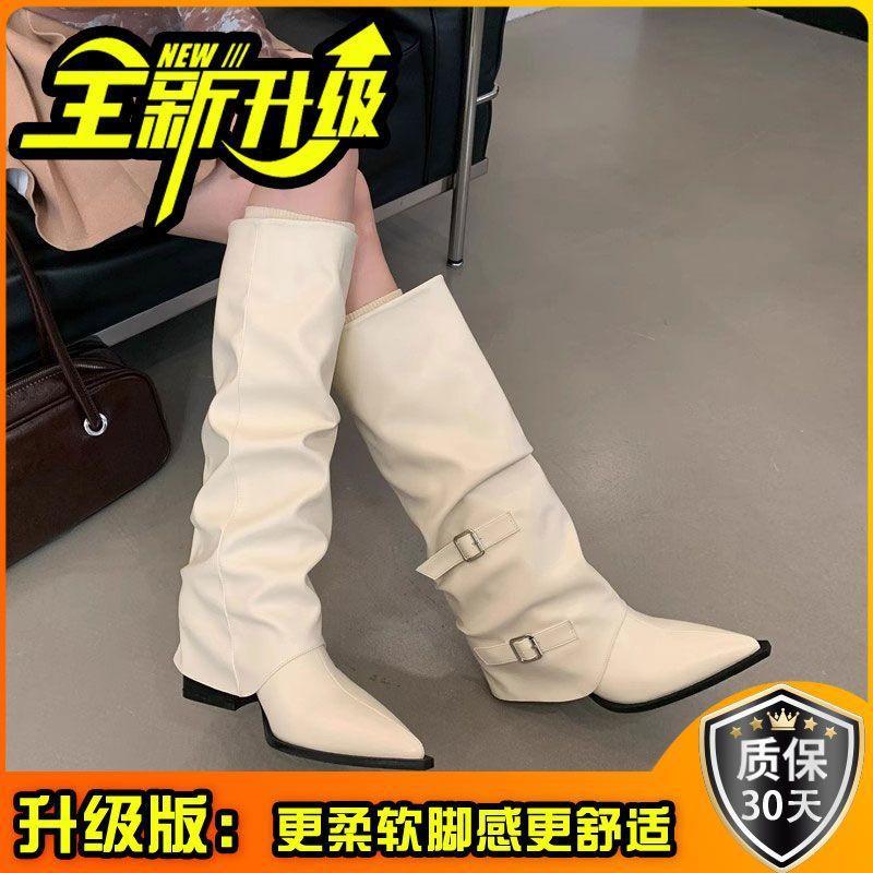Pointed Buckle Pleated Pile Boots Women's Thick Heel 2025 Punk Style Knight Boots Fried Street Hot Girl High Heel Boots