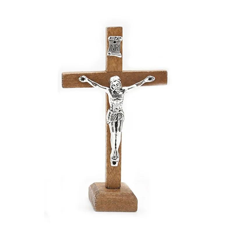 1 Stück Holzkreuz mit Jesusfigur Katholisch mit Ständer Vintage Religiös Christlich Stehendes Kruzifix Kirche Haus Regal Tischplatte Verzierungen