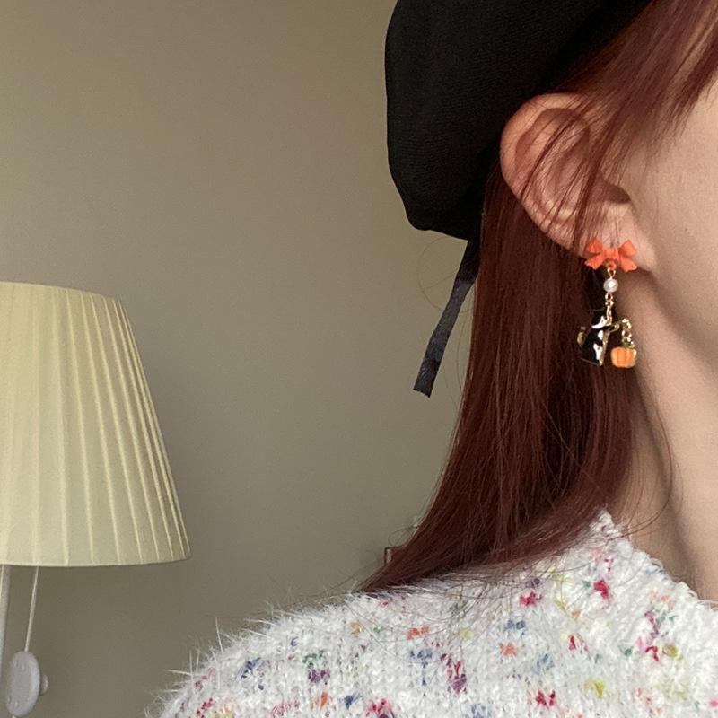 Korean Cute Bowknot Black Cat Drop Earrings for Women Enamel Animal Kitten Balloon Star Moon Earring Girls Party Jewelry Gift