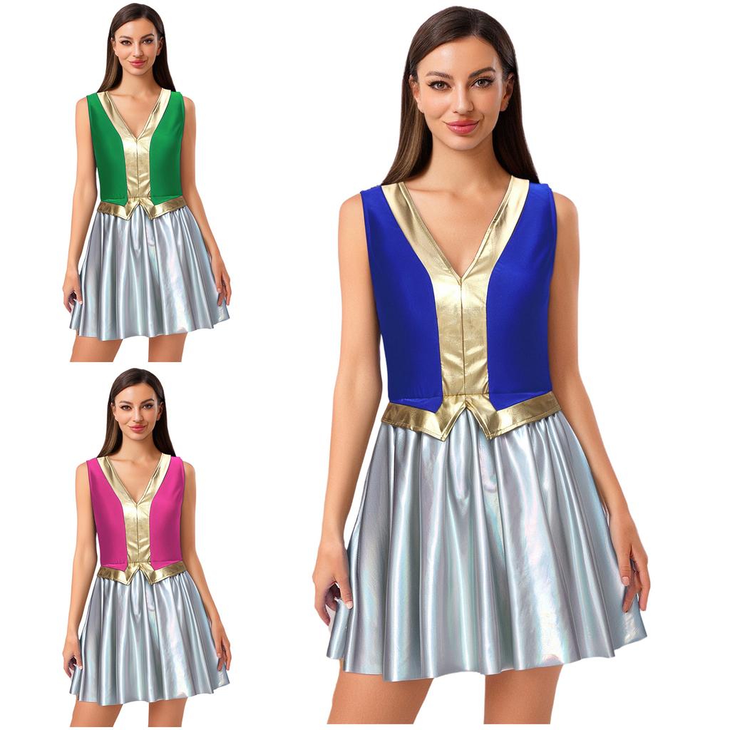 Womens Halloween Arab Princess Cosplay Dress V Neck Sleeveless Contrast Color Metallic Shiny Party Dress