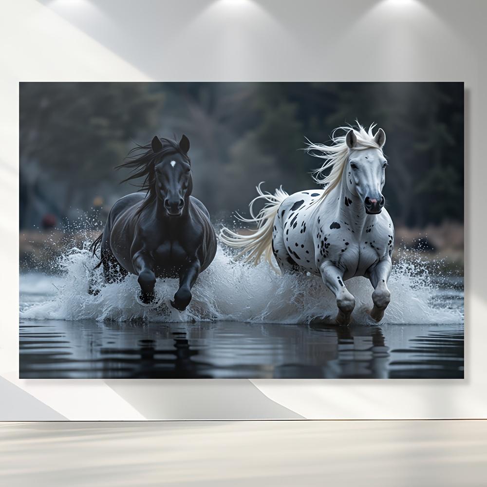 2D plane one magnificent black and white horse polyester background - vivid decoration for bedrooms and offices
