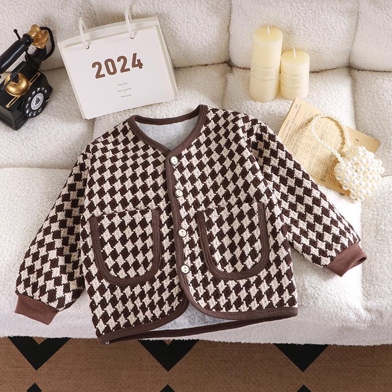 Children's Houndstooth Coat: Stylish Fragrant-Style Cardigan for Girls - Perfect for Autumn and Spring