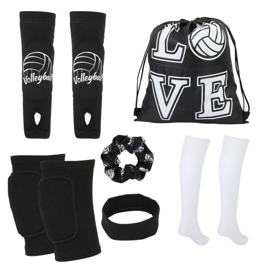 6Pcs/Set Volleyball Accessories Include Volleyball Knee Pads Volleyball Arm Sleeves Volleyball Drawstring Bag Volleyball Softball Headbands Hair Rope 6pcs