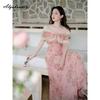 French Style Summer Women Fairy Pink Midi Dress Slash Neck Floral Print Lace Patchwork Dress Off Shoulder Elegant Feminine Dress