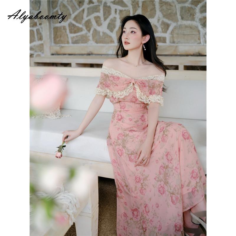 French Style Summer Women Fairy Pink Midi Dress Slash Neck Floral Print Lace Patchwork Dress Off Shoulder Elegant Feminine Dress