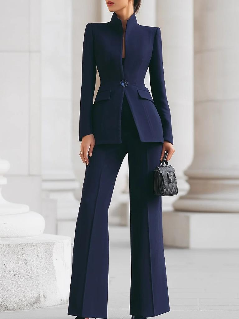 Women's Tailored Wide-Leg Pants Suit Blazer Set, Navy Blue Formal Office Wear