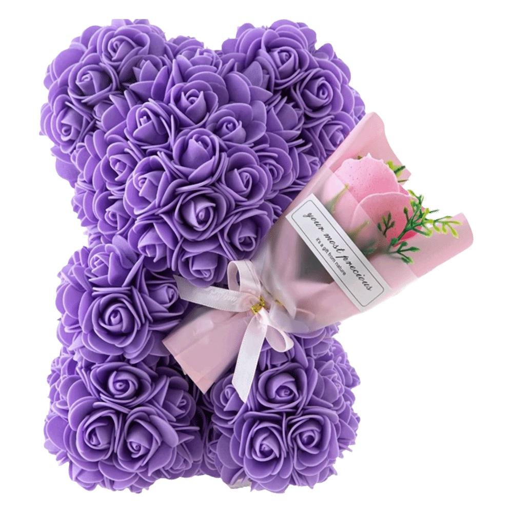 24cm Size Eternal Rose Bear Flower Bouquet Long Lasting Rose Bear Artificial Rose Creative Design Artificial Flower Gift фиолетовый