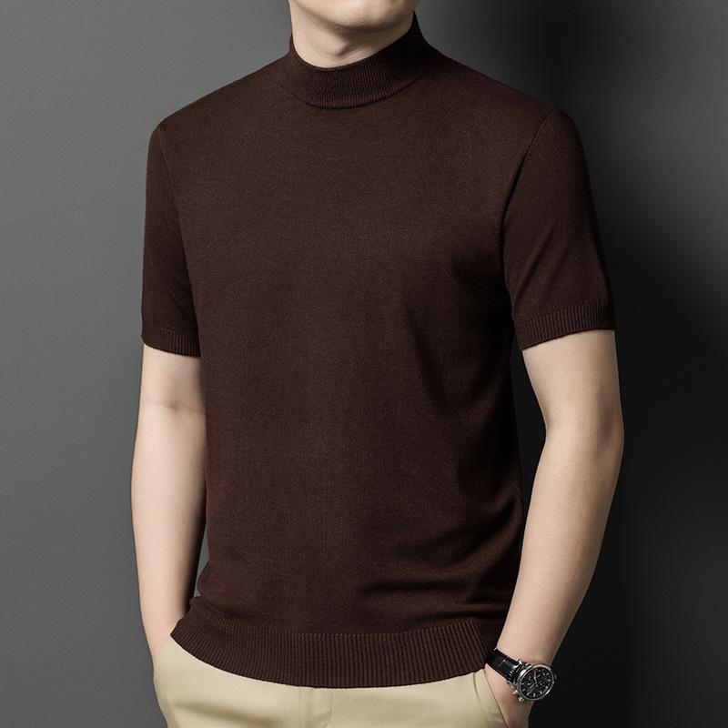 Men's Slim Fit Half-High Neck Wool Blend Knit Shirt - Short Sleeve, Fashionable, Versatile, Business Casual.