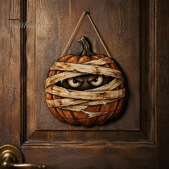Decorative Hanging Party Sign Halloween Mummy Pumpkin Sign, Retro Wooden Pendant with Poplar Wood Holiday Plaque Hemp Rope for Front Door Wall