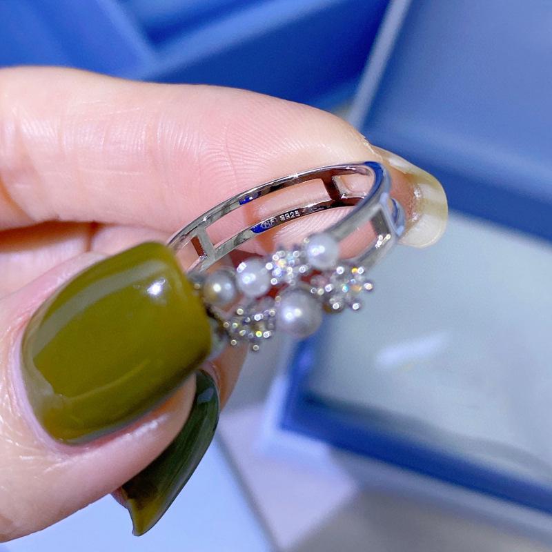 Howfang Bubble Double Layer Pearl & Zircon Sterling Silver Ring - Women's Light Luxury I-Shaped Index Finger Jewelry.