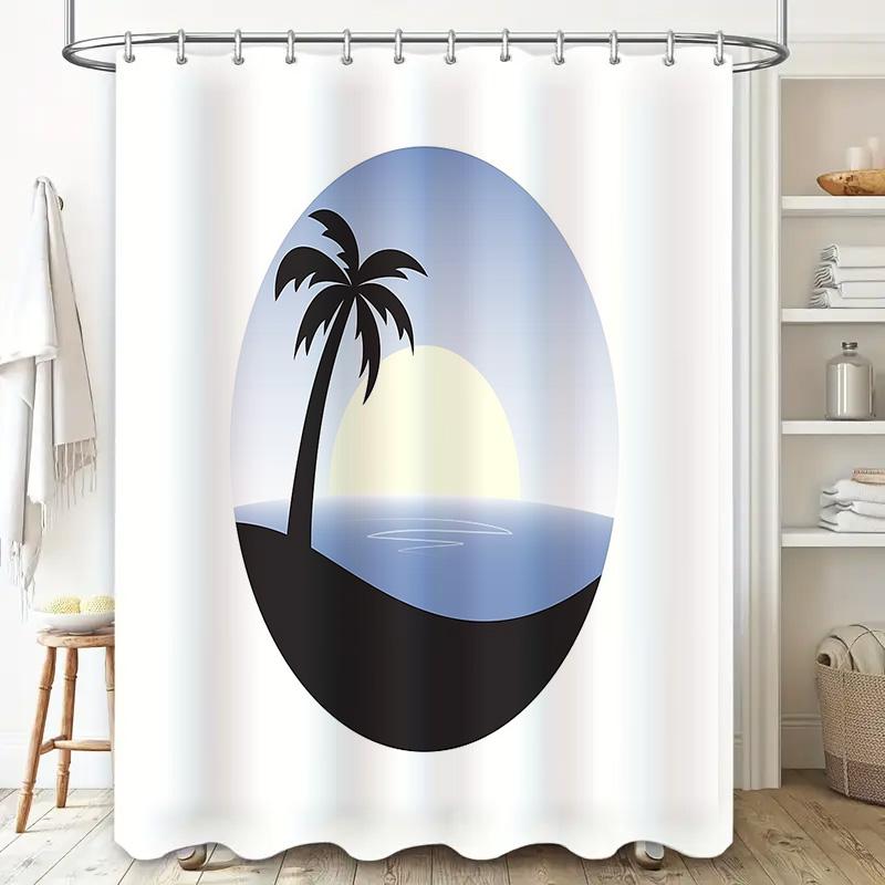 Tropical Beach Shower Curtain Palm Tree Ocean Sunset Scenic Bathroom Decor Waterproof Modern Coastal Vibes Home Decor