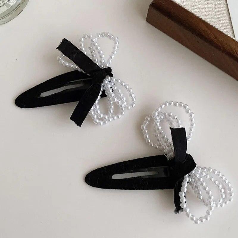 Retro Velvet Hair Clips For Women Vintage Imitation Pearl Bow Hairpins Side Clip Girls Black Barrettes Hair Accessories Headwear
