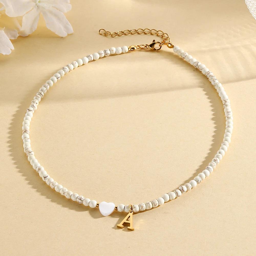 Bohemian Choker neck Initial necklaces heart-shaped shell letter pendant beads Women's stainless steel necklace woman trend2025