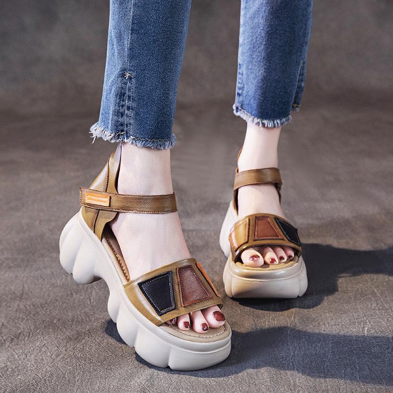 The first layer of cowhide sandals for women in the summer of 2025, the new breathable hollow ethnic style retro thick-soled muffin shoes for women