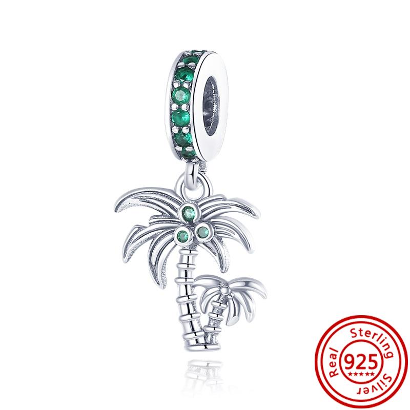 925 Sterlingsilber Sommerstil Kokospalme Grünes Blatt Anhänger Glänzender Clip-Bead Passend für Original Pantaro Charm Armband DIY Zirkon
