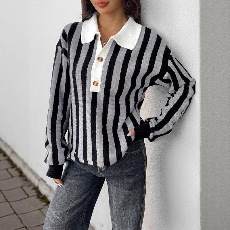 2025 Autumn and Winter New Retro Striped Sweater Lapel Versatile Pullover Sweater for Women