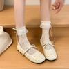 New French Pearl Round Toe One Strap Mary Jane Shoes Women's Bow Flat Ballet Single Shoes