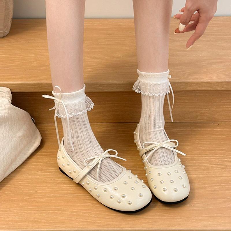 New French Pearl Round Toe One Strap Mary Jane Shoes Women's Bow Flat Ballet Single Shoes