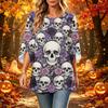 Women's Halloween Printed Casual Loose Fit Top with Round Neck and Three-Quarter Sleeves