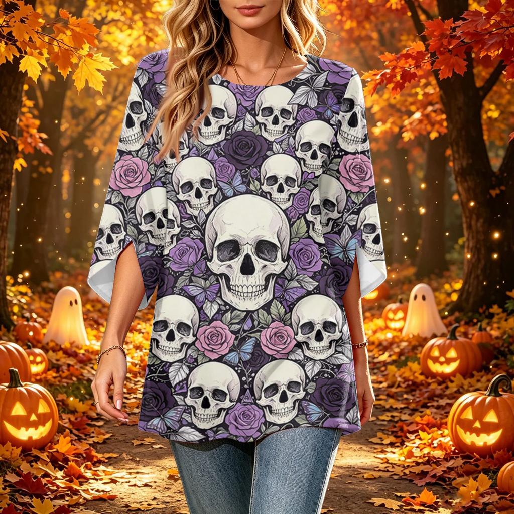 Women's Halloween Printed Casual Loose Fit Top with Round Neck and Three-Quarter Sleeves