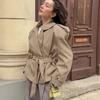 Women's Khaki Double Breasted Belted Trench Coat Short Jacket