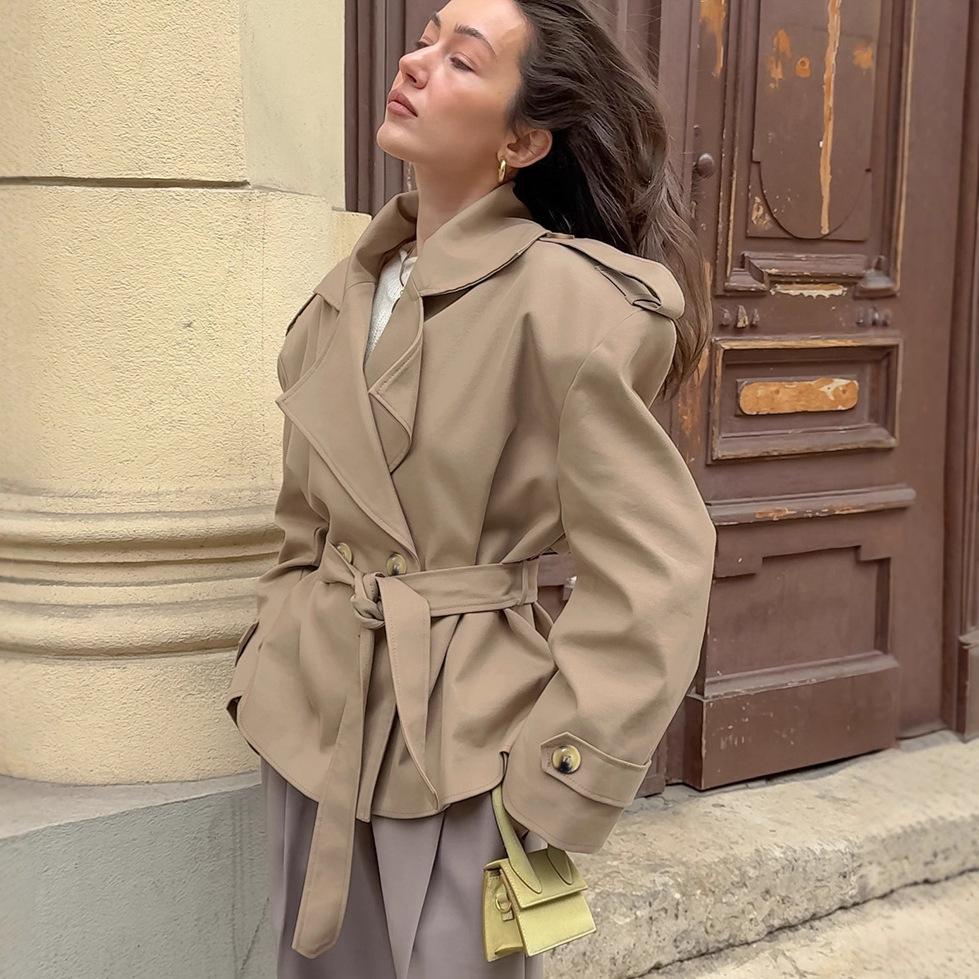 Women's Khaki Double Breasted Belted Trench Coat Short Jacket