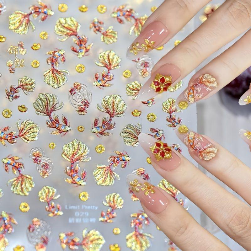 New Arrival Koi Fish & Gold Flower Nail Art Stickers - Wealth Attraction & French Flower Designs for Wearable Nail Decorations