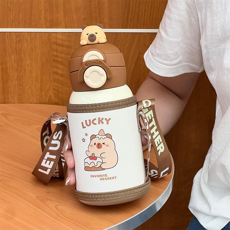 Детская прочная кружка с вакуумной изоляцией и силиконовой соломинкой для школы и путешествий коричневый