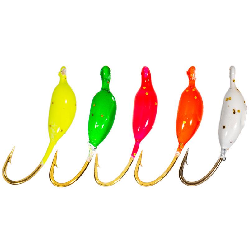 Winter Barbed Mini Lure: Long Body Ice Fishing Hook with Colored Lead Head and Upward Facing Design