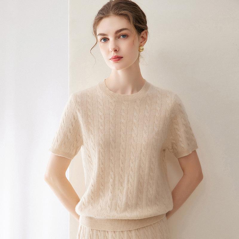 Kang Sai Ni Women's 100% Cashmere Round Neck Cable Knit Sweater - Versatile & Casual Knitwear