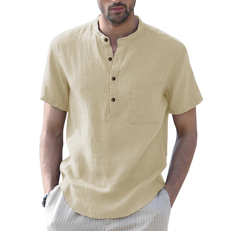 Men's Summer Cotton Linen Casual Pullover Short-Sleeve Shirt